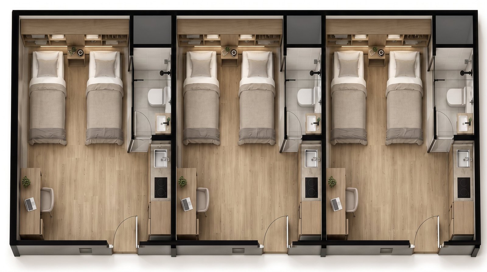 Planta del módulo: tres viviendas con dormitorio, baño y cocina